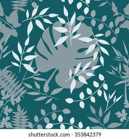 Seamless pattern green leaves of palm tree. Vector background.