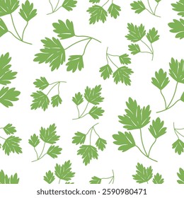 Seamless pattern green leaves parsley on white background - vector flat illustration for design fabric, packaging, paper, wallpaper