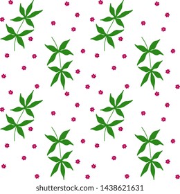 Seamless pattern with green leaves and pink flowers on a white background, artistic. Bright Vector Illustration. Cover design, packaging and wrapping background.