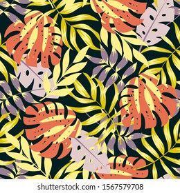 Seamless pattern with green leaves and plants. Tropical background, vector design, abstract print. Illustration in Hawaiian style. Summer background with exotic leaves.