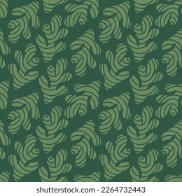 Patrón sin foco con hojas verdes. Las plantas con textura se extienden sobre un fondo verde. Ilustración vectorial en estilo doodle.