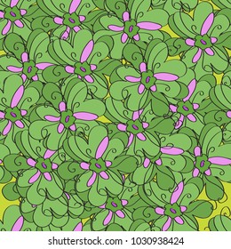 Seamless pattern from green leaves and purple flowers