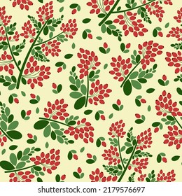 seamless pattern green leaves and red berries