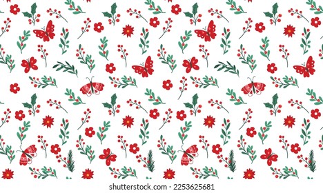 seamless pattern of green leaves and red butterflies with flowers and red cherry on white background, repeatable pattern for gifts paper or print on fabric