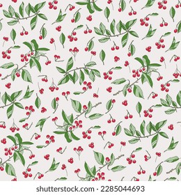 Seamless pattern with green leaves and red berries. Twigs with ripe cherry. Hand-drawn autumn design for wallpaper, card, templates. 