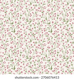 Seamless Pattern with Green Leaves and Red Berries. Floral Ditsy background Handmade. Hand drawing Not AI. Vector illustration