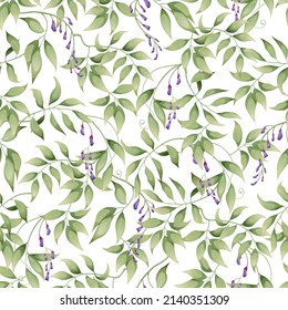 Seamless pattern with green leaves and small purple wisteria flowers on a white background. Great for textile, fabric, wrapping paper, wallpaper. svg