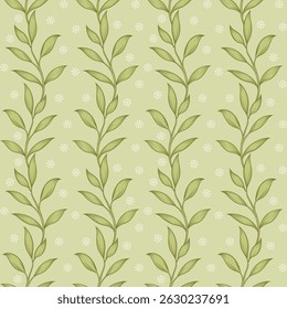 Seamless pattern with green leaves. Spring season wallpaper. Tropical foliage drawing design. Vintage botanical illustration.