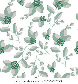Seamless pattern with green leaves, tea, branches, foliage, petals on white. Floral background for wrapping paper, fabric, fabric, cards, invitations, wallpapers, web design Vector illustration