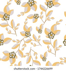 Seamless pattern with green leaves, tea, branches, foliage, petals on white. Floral background for wrapping paper, fabric, fabric, cards, invitations, wallpapers, web design Vector illustration