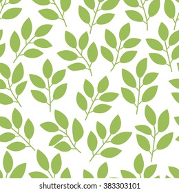 Seamless pattern with green leaves, tea, branches, foliage, petals on white. Floral background for wrapping paper, fabric, textile, card, invitation, wallpaper, web design. Vector illustration.