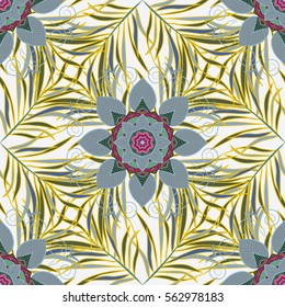Seamless pattern with green leaves, tea, branches, foliage, petals on white. Floral background for wrapping paper, fabric, textile, card, invitation, wallpaper, web design. Vector illustration.