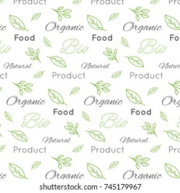 Seamless pattern with green leaves and text over white background, vector illustration. Healthy organic food background in flat design style