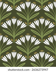 Nahtloses Muster mit grünen Blättern, Textil, Stoff, Umhüllungspapier, Hintergrund, Tulpe, Grüne Tasche, Retro, weiße Blume