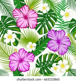 Seamless pattern green leaves with tropical hibiscus.