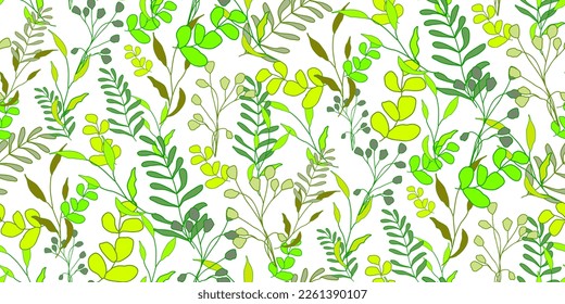 El patrón sin foco de verde deja varios árboles en blanco. Foliage de ramas naturales. Ambiente rústico y de belleza verde. Diseño botánico para textil, papel tapiz, sitio web, papel envolvente. Vector