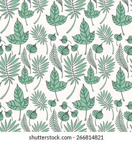 Seamless pattern with green leaves. Various forms of leaves with veins on white background.