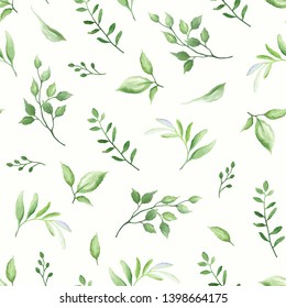 Seamless pattern with green leaves, vector illustration in vintage watercolor style.
