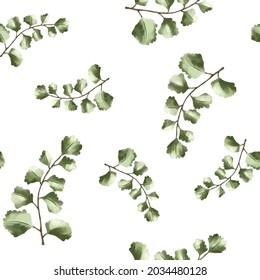 Seamless pattern with green leaves, vector illustration in vintage watercolor style. Vector fresh beauty rustic eco friendly background on white. Background of Eucalyptus palm fern different tree