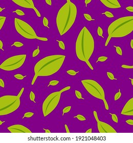 Seamless pattern with green leaves. Violet background. Autumn, spring or summer. Nature and ecology. For packaging design and wrapping paper. For wallpaper, scrapbooking, textile and post cards