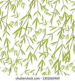 Seamless pattern, green leaves, white background, vector illustration