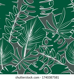 
Seamless pattern of green leaves. White shape. Deciduous background. Flowers for your poster, banner, flyer, advertising design. Vector stock illustration on a green background.