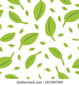 Seamless pattern with green leaves. White background. Autumn, spring or summer. Nature and ecology. For packaging design and wrapping paper. For wallpaper, scrapbooking, textile and post cards