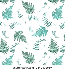 A seamless pattern with green leaves and the word palm on a white background
