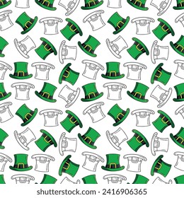 Seamless pattern with green leprechaun hat with black belt and golden buckle on white. Hand drawn vector sketch illustration in doodle engraved vintage outline style. Saint PAtrick's day, lucky