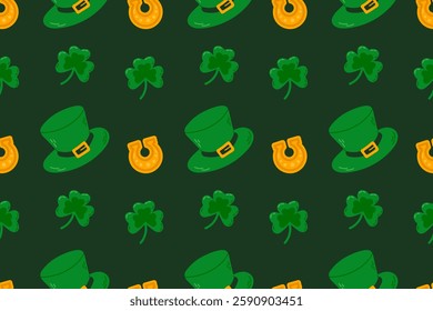 Seamless pattern with green leprechaun hat and clover. St. Patrick's Day background. Vector illustration.