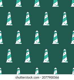 Seamless pattern with green lighthouses. Cute and childish design for fabric, textile, wallpaper, bedding, swaddles, toys, gender-neutral apparel. Simple and sweet print for nursery decor or wall art.