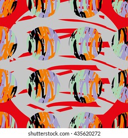 Seamless pattern with green, lilac, red, orange, grey and black elements