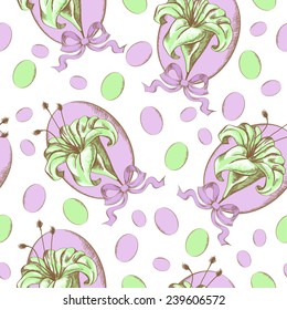 Seamless pattern with green lilies in oval frame