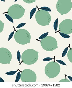 Seamless pattern of green lime background elements isolated on beige. Concept of healthy eating. Suitable for wallpaper, fabric, print design. Hand-drawn illustration in flat style.