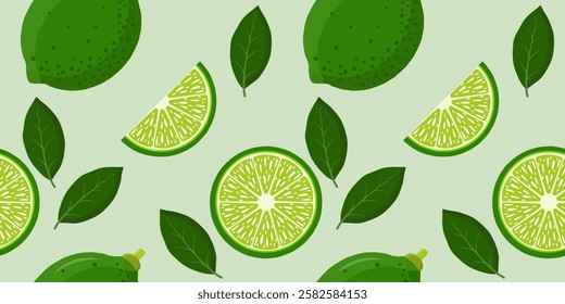 Seamless pattern with green limes. Whole lime, circle, piece. For backgrounds, textiles, tablecloths, kitchen, wallpaper, packaging. Vector image.