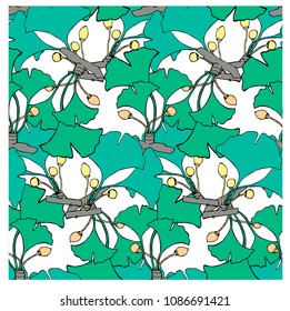 Seamless pattern green line style ink sketch of ginkgo. Ginkgo biloba, natural hand drawn stock vector illustration for web, for print