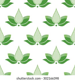 Seamless pattern with green lotus flowers on white background