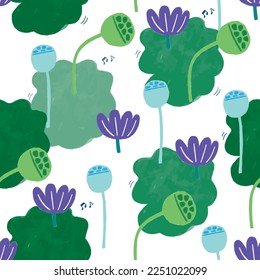 Seamless pattern with green lotus leaves and lotus flowers in a pond