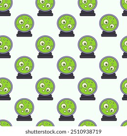 Seamless pattern with Green Magic Ball with eyes. Mystic symbol. Halloween concept background. Vector Flat illustration.