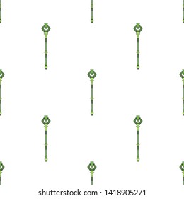 Seamless pattern with green magic staff icon on white background. Magic wand, scepter, stick, rod. Vector illustration for design, web, wrapping paper, fabric, wallpaper.