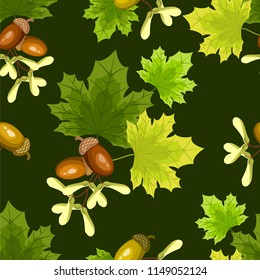 Seamless pattern of green maple leaves decorated with seeds and acorns on a green background. Vector illustration.