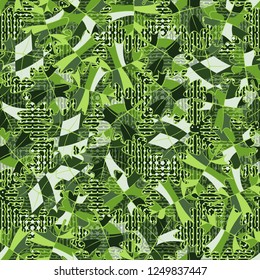Seamless pattern. Green maple leaves on the background of wavy lines and stars. Camouflage style.