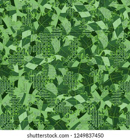 Seamless pattern. Green maple leaves on the background of wavy lines and stars. Camouflage style.