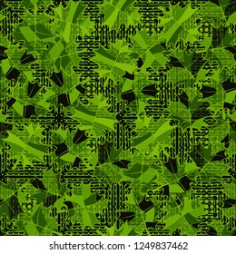 Seamless pattern. Green maple leaves on the background of wavy lines and stars. Camouflage style.