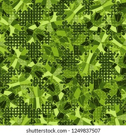 Seamless pattern. Green maple leaves on the background of wavy lines and stars. Camouflage style.