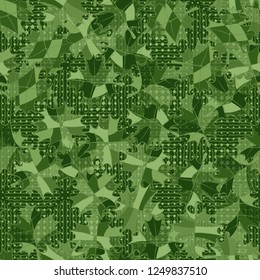 Seamless pattern. Green maple leaves on the background of wavy lines and stars. Camouflage style.