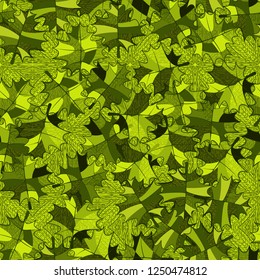 Seamless pattern. Green maple leaves on the background of the parquet pattern. Camouflage style.