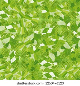 Seamless pattern. Green maple leaves against the background of concentric squares and diagonal strokes. Camouflage style.