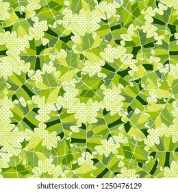 Seamless pattern. Green maple leaves against the background of concentric squares and diagonal strokes. Camouflage style.
