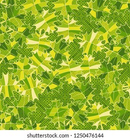 Seamless pattern. Green maple leaves against the background of concentric squares and diagonal strokes. Camouflage style.